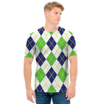 Navy Green And White Argyle Print Men's T-Shirt