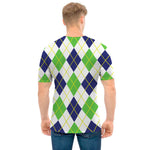 Navy Green And White Argyle Print Men's T-Shirt
