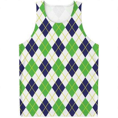 Navy Green And White Argyle Print Men's Tank Top