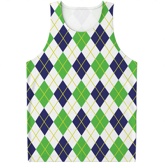 Navy Green And White Argyle Print Men's Tank Top