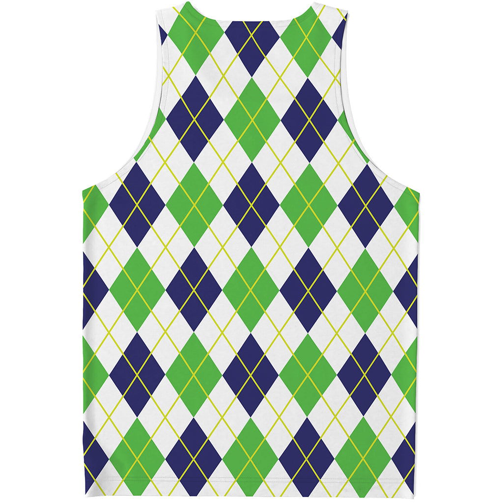 Navy Green And White Argyle Print Men's Tank Top