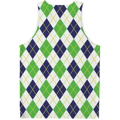 Navy Green And White Argyle Print Men's Tank Top