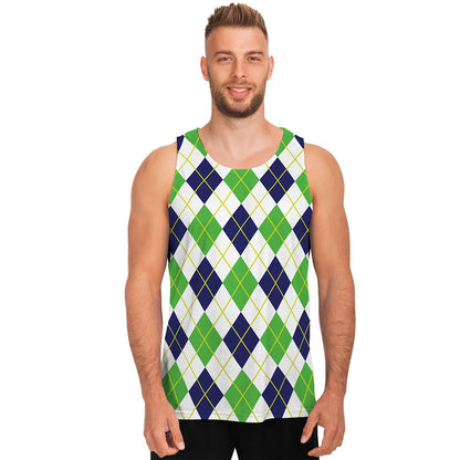 Navy Green And White Argyle Print Men's Tank Top