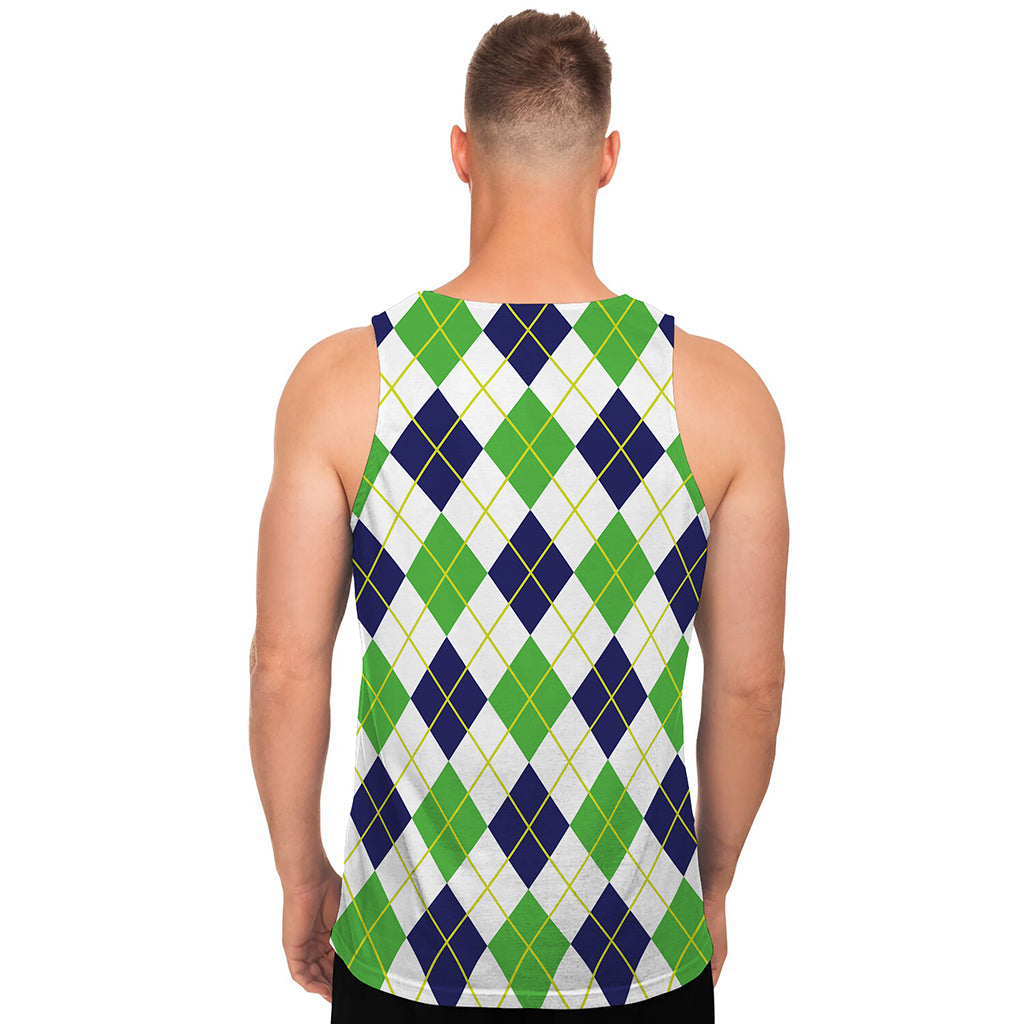 Navy Green And White Argyle Print Men's Tank Top