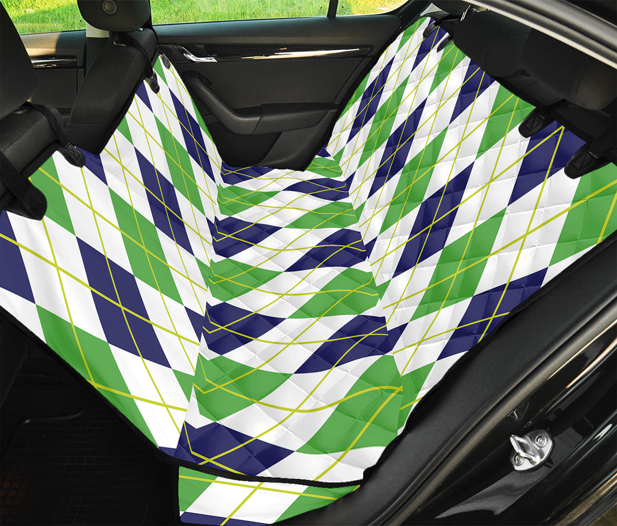 Navy Green And White Argyle Print Pet Car Back Seat Cover