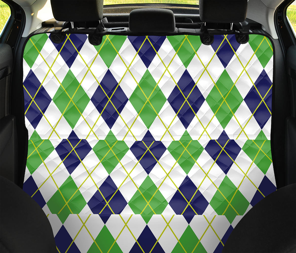 Navy Green And White Argyle Print Pet Car Back Seat Cover