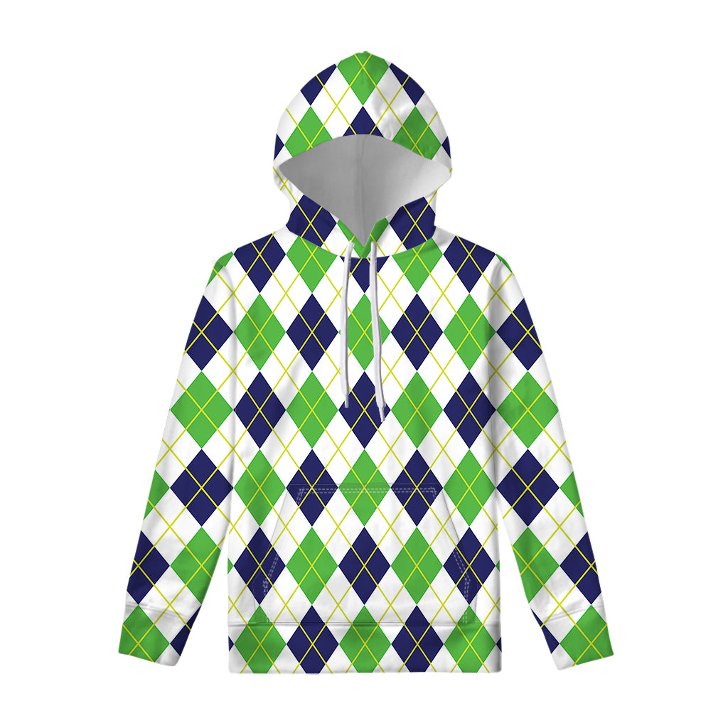 Navy Green And White Argyle Print Pullover Hoodie