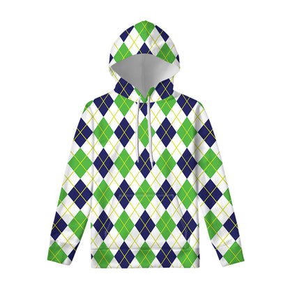 Navy Green And White Argyle Print Pullover Hoodie