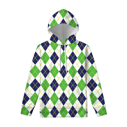 Navy Green And White Argyle Print Pullover Hoodie