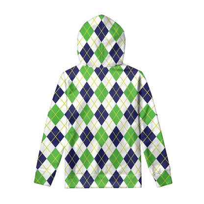 Navy Green And White Argyle Print Pullover Hoodie