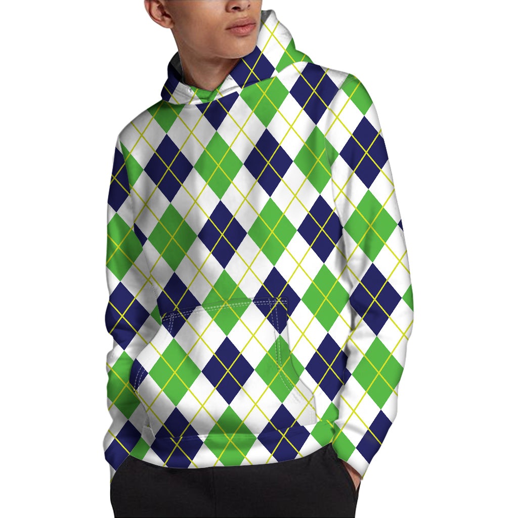 Navy Green And White Argyle Print Pullover Hoodie