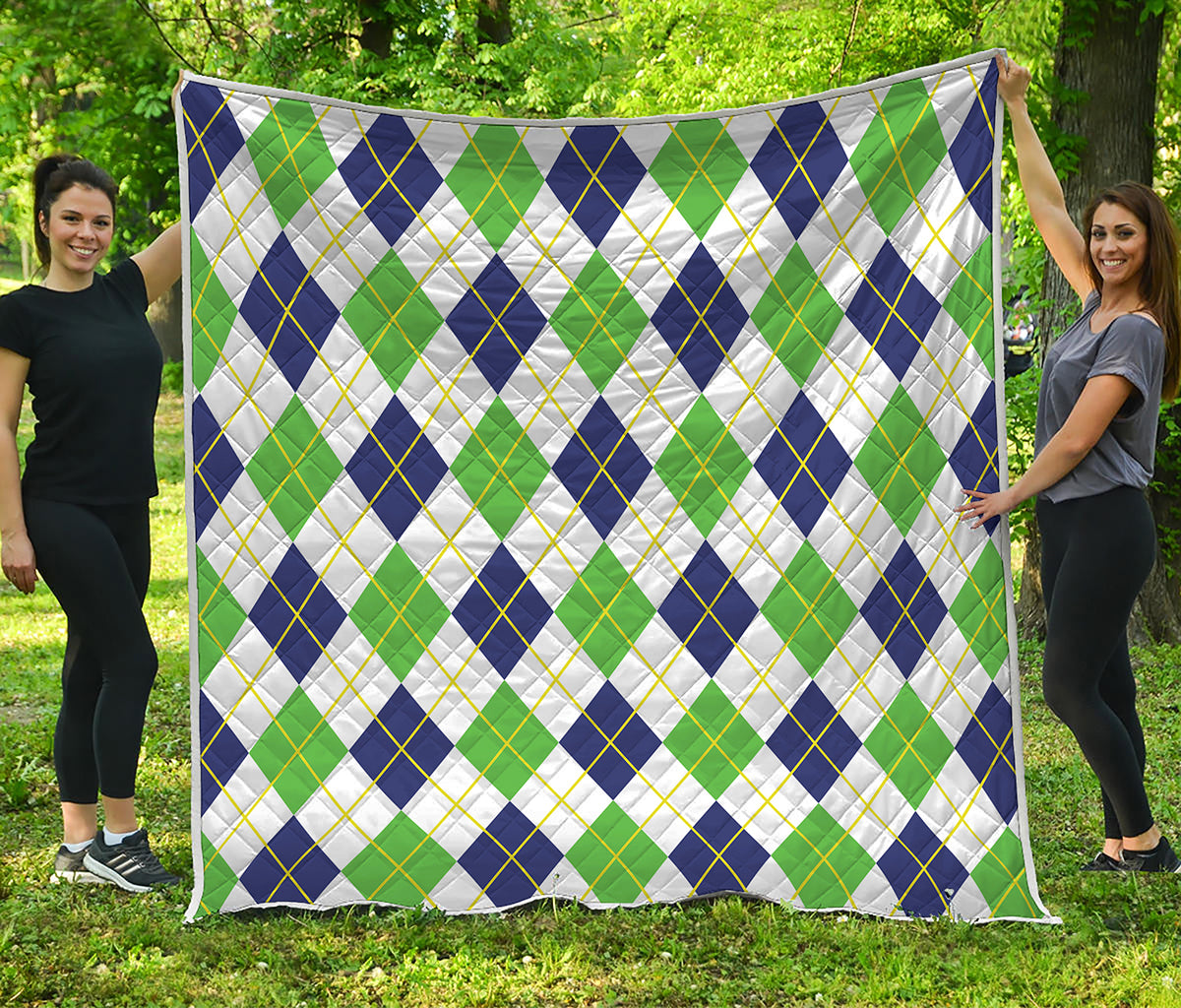 Navy Green And White Argyle Print Quilt
