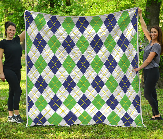 Navy Green And White Argyle Print Quilt