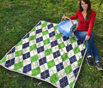 Navy Green And White Argyle Print Quilt