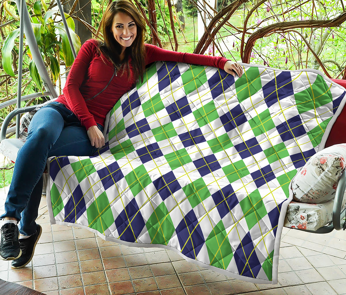 Navy Green And White Argyle Print Quilt