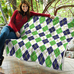 Navy Green And White Argyle Print Quilt