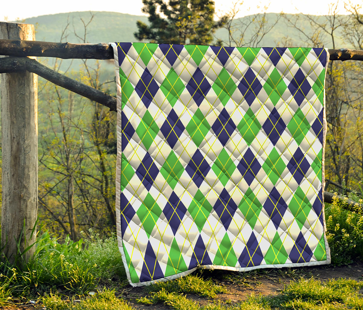Navy Green And White Argyle Print Quilt