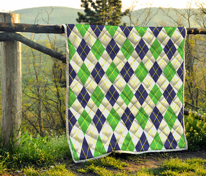 Navy Green And White Argyle Print Quilt