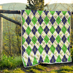 Navy Green And White Argyle Print Quilt