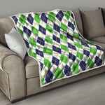 Navy Green And White Argyle Print Quilt