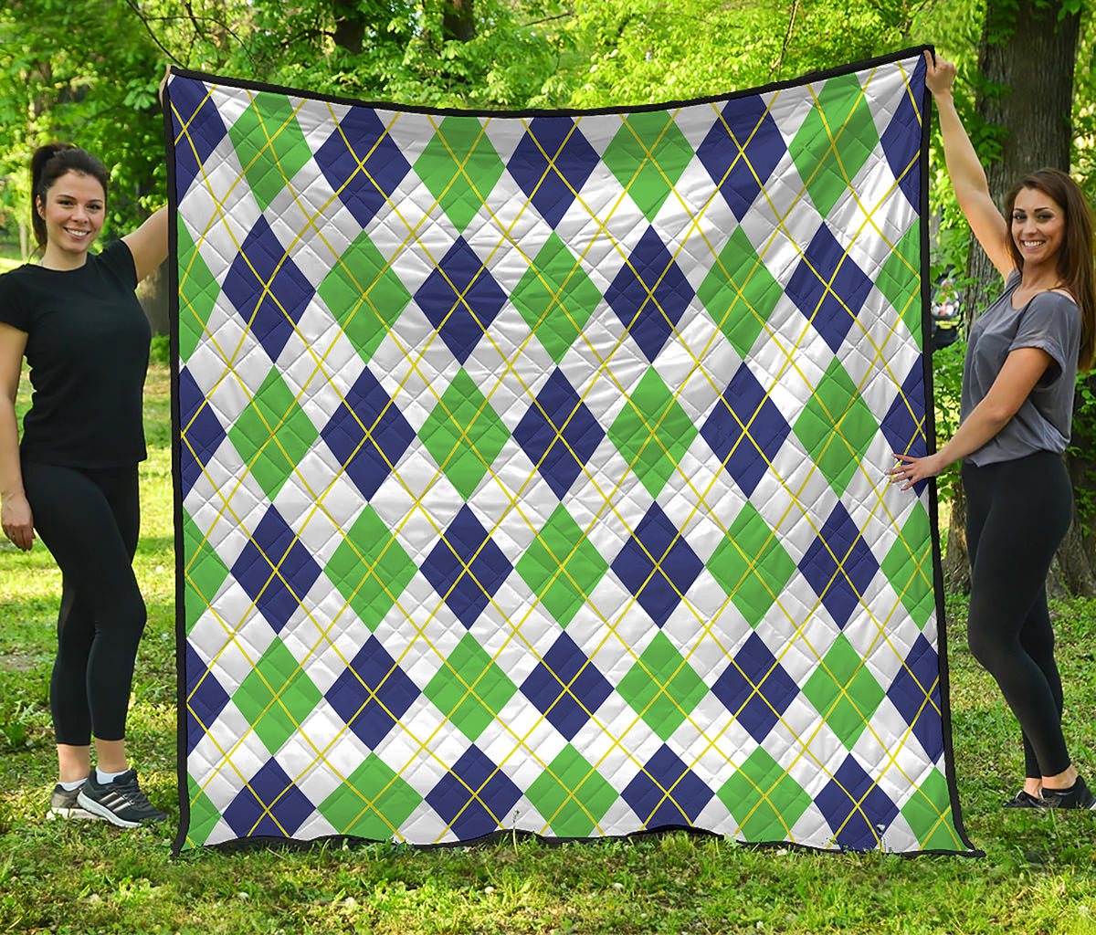 Navy Green And White Argyle Print Quilt