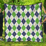 Navy Green And White Argyle Print Quilt