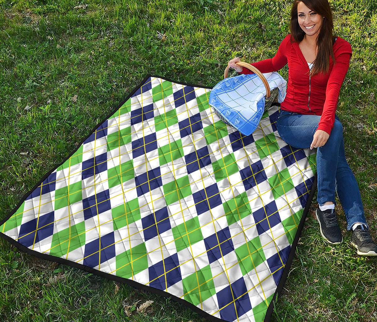 Navy Green And White Argyle Print Quilt