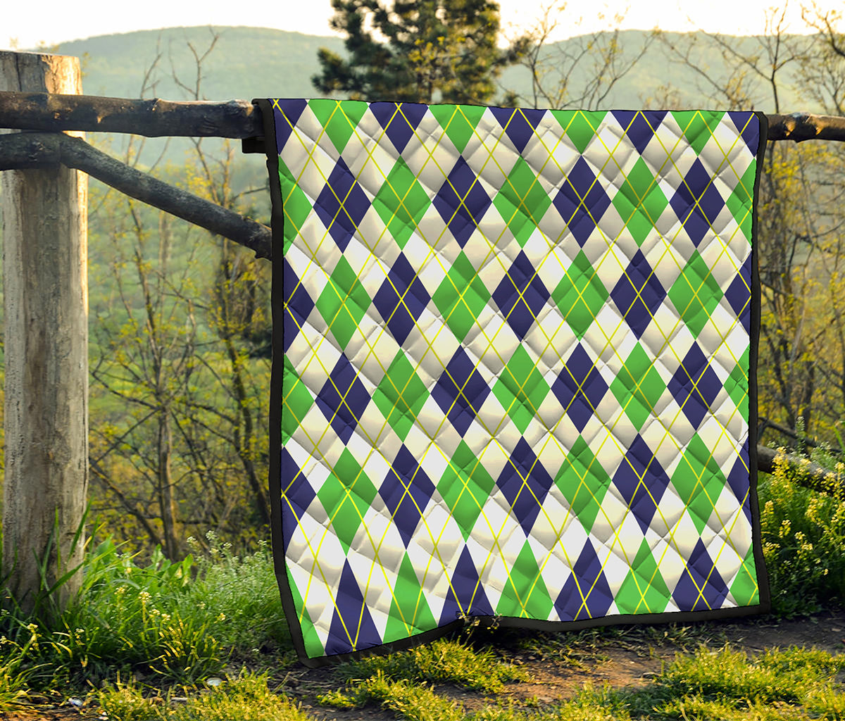 Navy Green And White Argyle Print Quilt