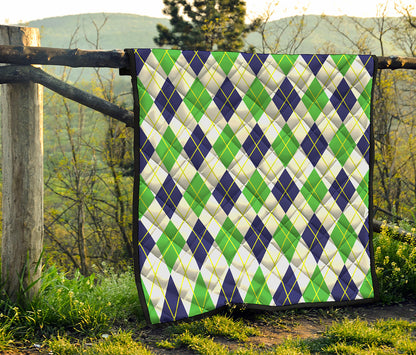 Navy Green And White Argyle Print Quilt