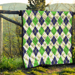 Navy Green And White Argyle Print Quilt
