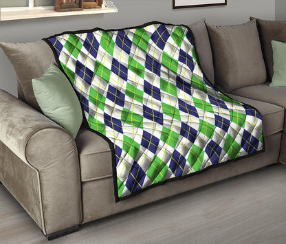 Navy Green And White Argyle Print Quilt