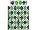 Navy Green And White Argyle Print Quilt Bed Set