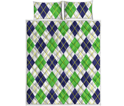 Navy Green And White Argyle Print Quilt Bed Set