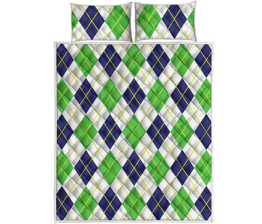 Navy Green And White Argyle Print Quilt Bed Set