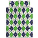 Navy Green And White Argyle Print Quilt Bed Set