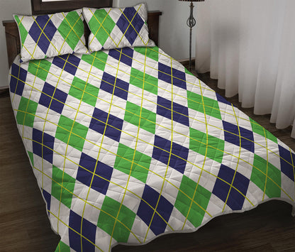 Navy Green And White Argyle Print Quilt Bed Set
