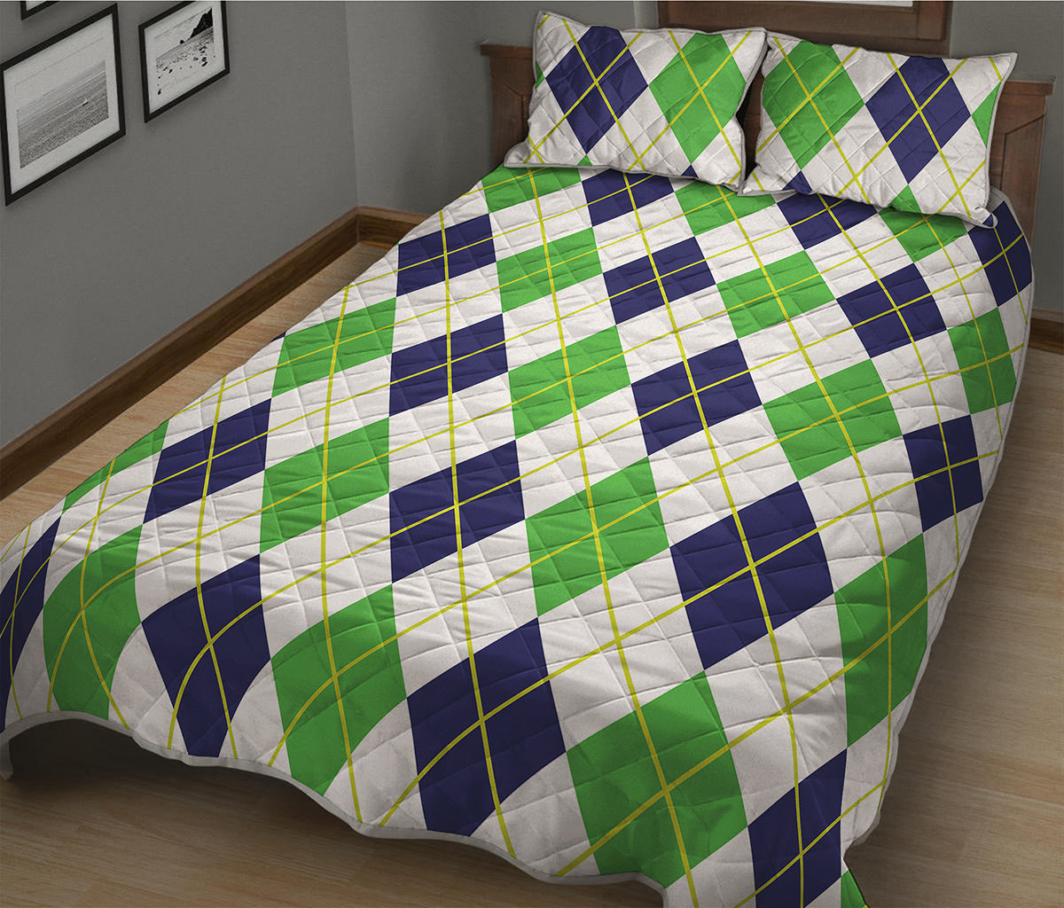 Navy Green And White Argyle Print Quilt Bed Set