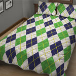 Navy Green And White Argyle Print Quilt Bed Set