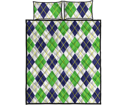 Navy Green And White Argyle Print Quilt Bed Set