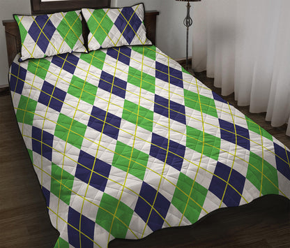 Navy Green And White Argyle Print Quilt Bed Set