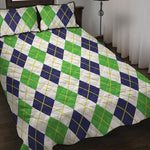 Navy Green And White Argyle Print Quilt Bed Set
