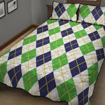 Navy Green And White Argyle Print Quilt Bed Set