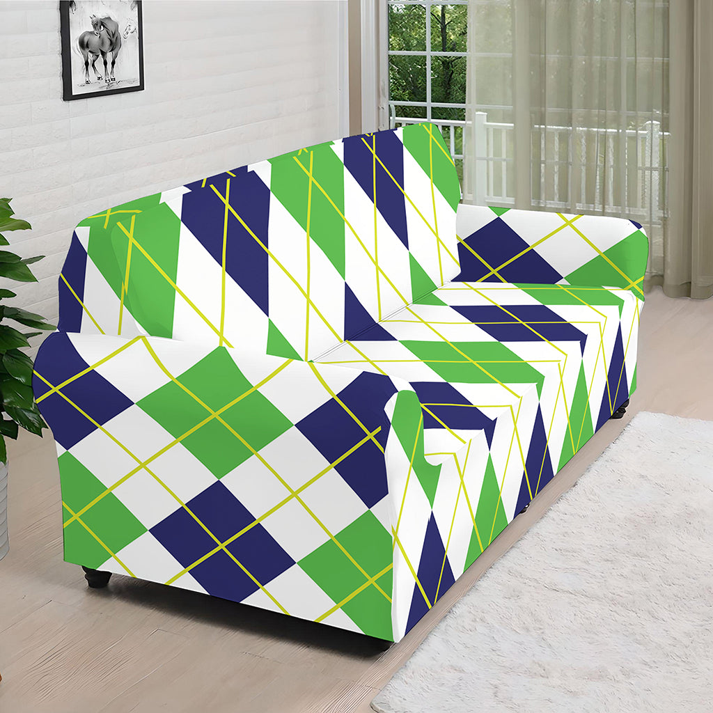 Navy Green And White Argyle Print Sofa Cover