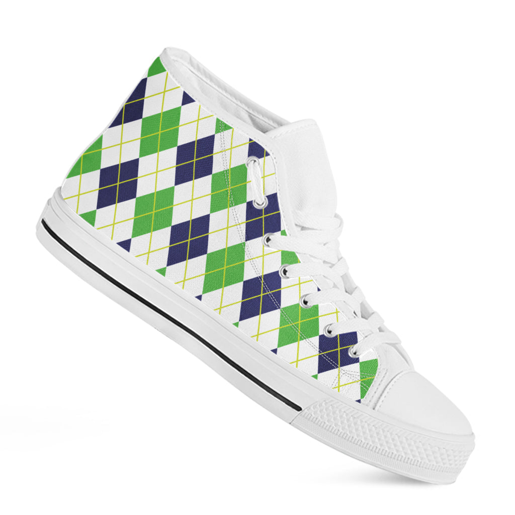 Navy Green And White Argyle Print White High Top Shoes