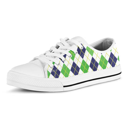 Navy Green And White Argyle Print White Low Top Shoes
