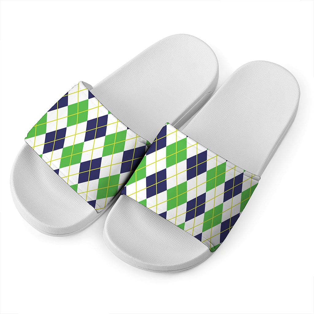 Navy Green And White Argyle Print White Slide Sandals