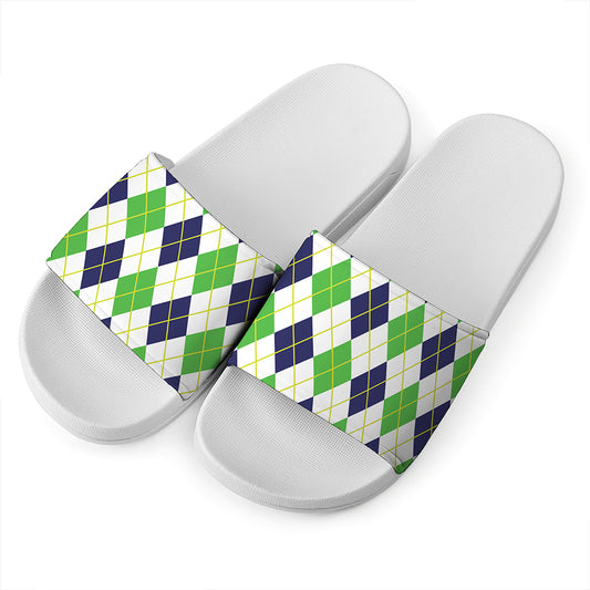 Navy Green And White Argyle Print White Slide Sandals