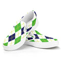 Navy Green And White Argyle Print White Slip On Sneakers