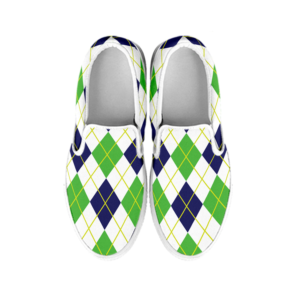 Navy Green And White Argyle Print White Slip On Shoes