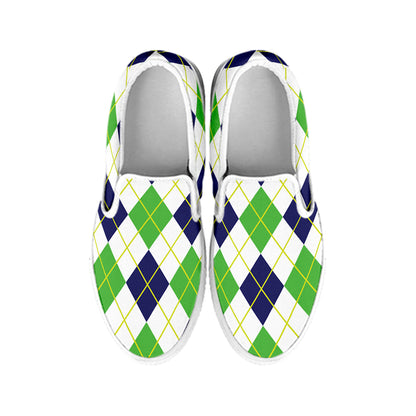 Navy Green And White Argyle Print White Slip On Shoes
